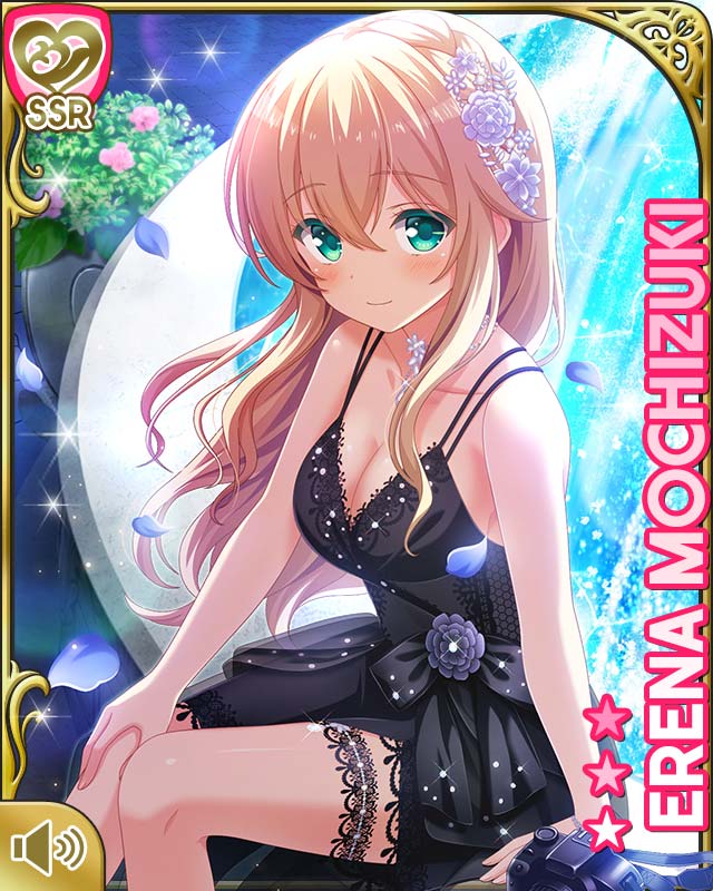 qp:flapper, mochizuki erena, cyberagent, girlfriend (kari), official art, tagme, 1girl, bare arms, bare legs, bare shoulders, black bow, black dress, blonde hair, blush, bow, braid, breasts, card (medium), cleavage, closed mouth, dress, female focus, full moon, green eyes, hair ribbon, large breasts, long hair, moon, night, night sky, outdoors, ribbon, sitting, sky, smile, solo