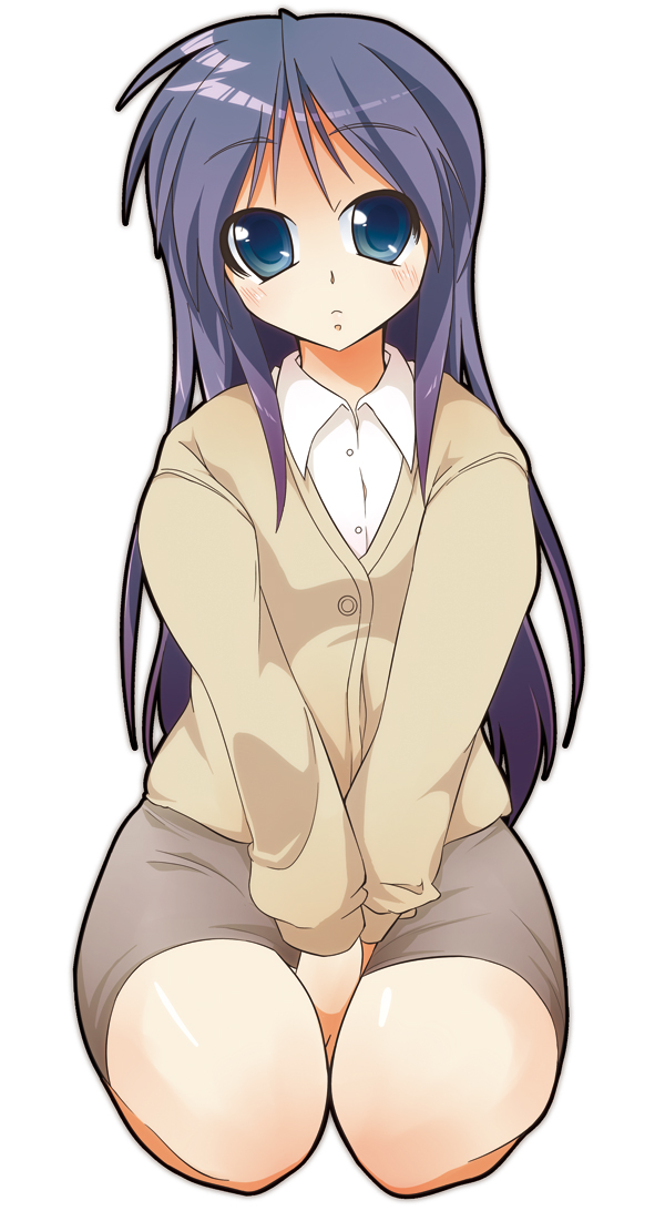 shing (sorairo factory), hiiragi miki, lucky star, 00s, 1girl, blouse, blue eyes, collared shirt, female focus, full body, kneeling, long hair, purple hair, shirt, simple background, solo, white background, white shirt