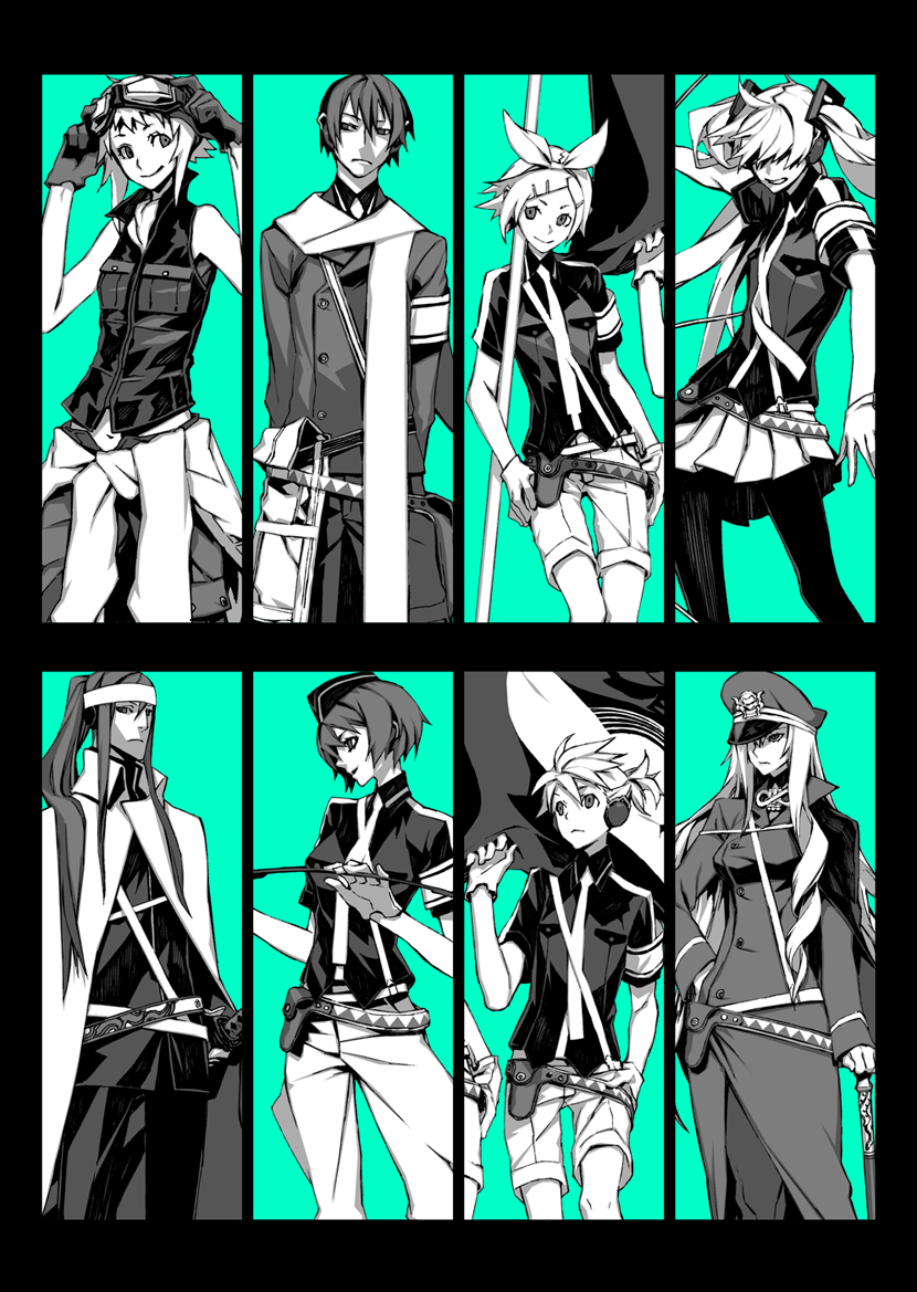 miwa shirow, gumi, hatsune miku, kagamine len, kagamine rin, kaito (vocaloid), kamui gakupo, megurine luka, meiko (vocaloid), koi wa sensou (vocaloid), vocaloid, 3boys, 5girls, aqua background, family, flag, garrison cap, hat, military, military uniform, monochrome, multiple boys, multiple girls, pantyhose, peaked cap, skirt, twintails