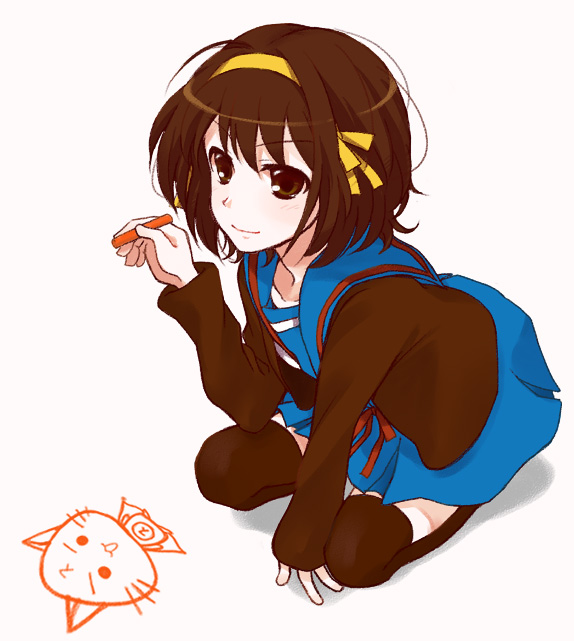 atsuko (yojouhan), suzumiya haruhi, suzumiya haruhi no yuuutsu, bad id, bad pixiv id, 00s, 1girl, brown eyes, brown hair, cardigan, cat, chalk, female focus, full body, hairband, kneeling, school uniform, serafuku, short hair, solo, thighhighs, white background