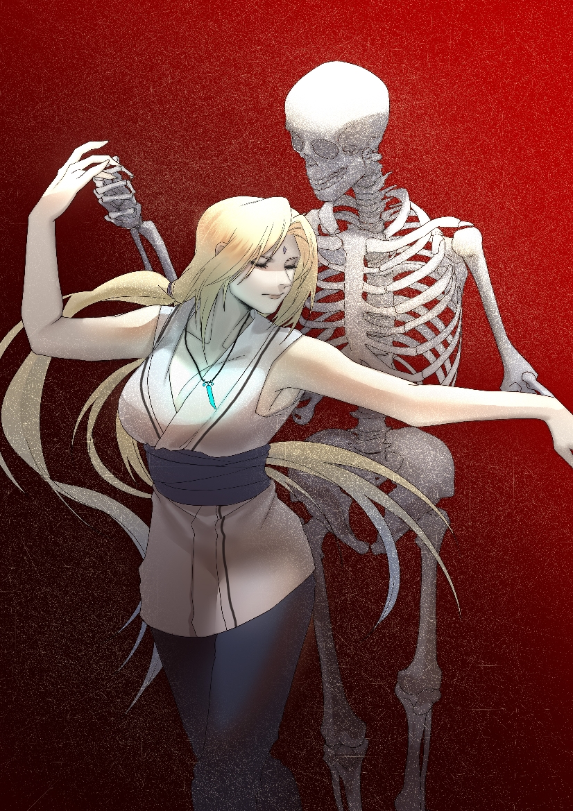 cokiebeard, tsunade (naruto), naruto (series), commentary request, 1girl, blonde hair, breasts, cleavage, closed eyes, dancing, facial mark, forehead mark, glowing, japanese clothes, jewelry, large breasts, long hair, low twintails, necklace, red background, skeleton, solo, twintails, very long hair