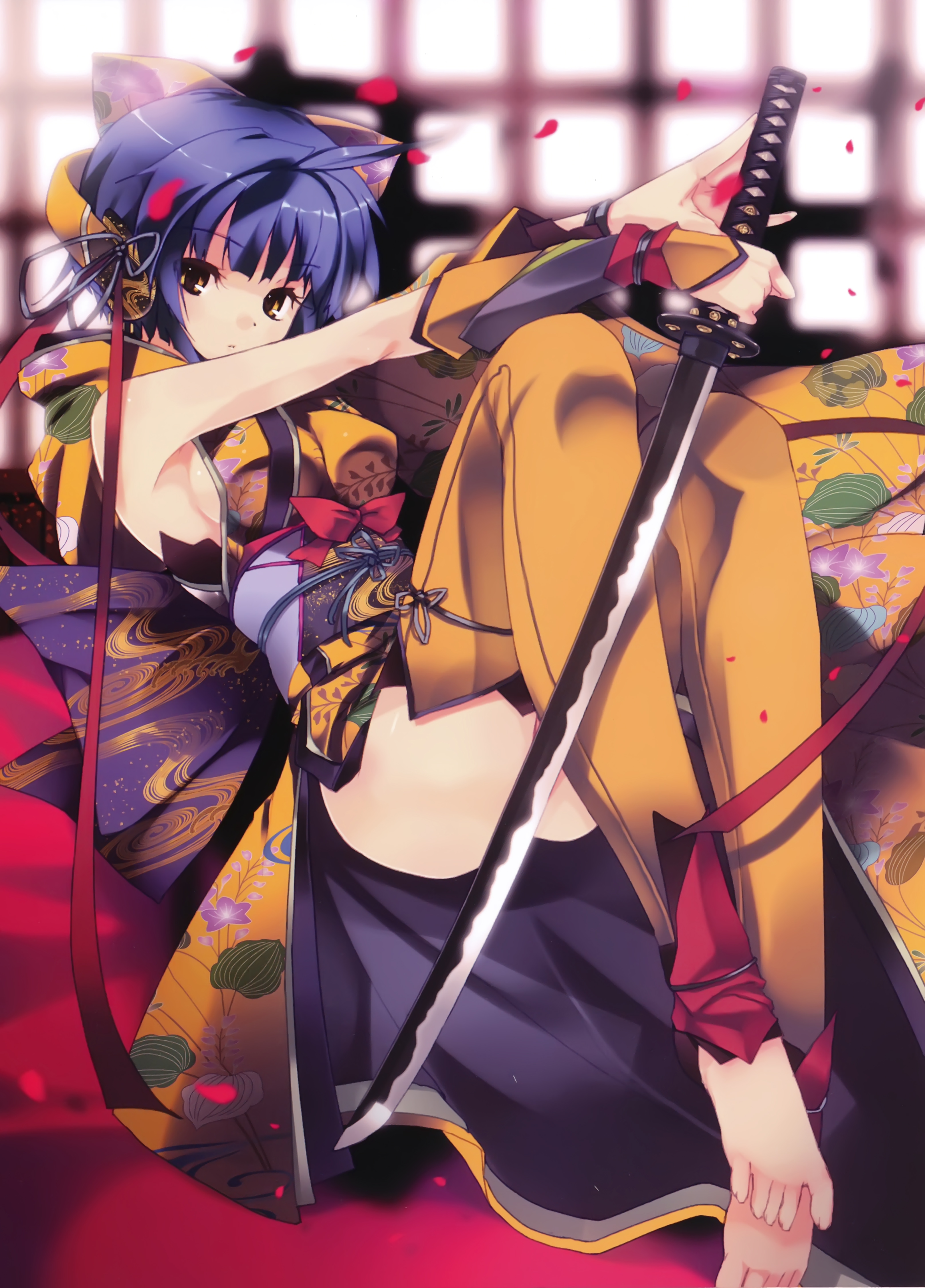 refeia, absurdres, highres, 1girl, armpits, barefoot, blue hair, breasts, brown eyes, censored, convenient censoring, feet, female focus, japanese clothes, katana, kimono, legs, long legs, lying, short hair, sideboob, solo, spread toes, sword, thighs, toeless legwear, toes, weapon, yukata
