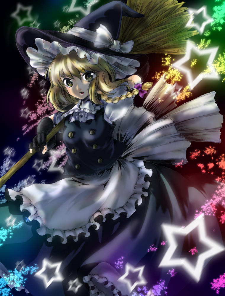 dew-spiegel, kirisame marisa, touhou, bad id, bad pixiv id, 1girl, blonde hair, braid, broom, female focus, hat, short hair, solo, witch, witch hat, yellow eyes