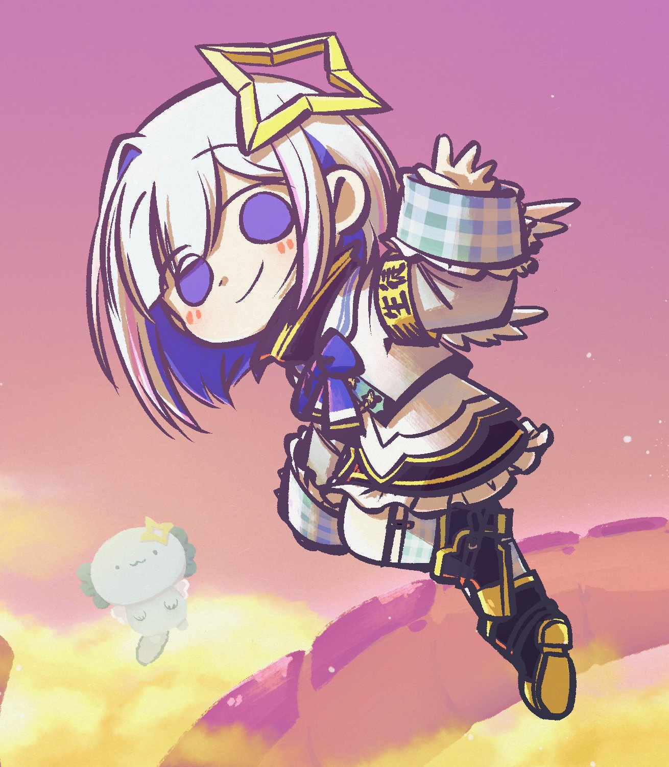 wakatsuki misato, amane kanata, amane kanata (1st costume), kiryu coco, upao (amane kanata), dragon ball, dragonball z, hololive, commentary request, highres, 1girl, angel wings, armband, black boots, black skirt, blue bow, blue bowtie, blue eyes, blue hair, blush, boots, bow, bowtie, closed mouth, cloud, colored inner hair, colored shoe soles, dragon tail, evening, flying, frilled skirt, frills, grey hair, grey jacket, halo, jacket, long sleeves, looking at viewer, mini wings, multicolored hair, parody, pink sky, short hair, single hair intake, skirt, sky, sleeves past wrists, smile, solid circle eyes, star halo, streaked hair, tail, virtual youtuber, waving, wings, yellow armband