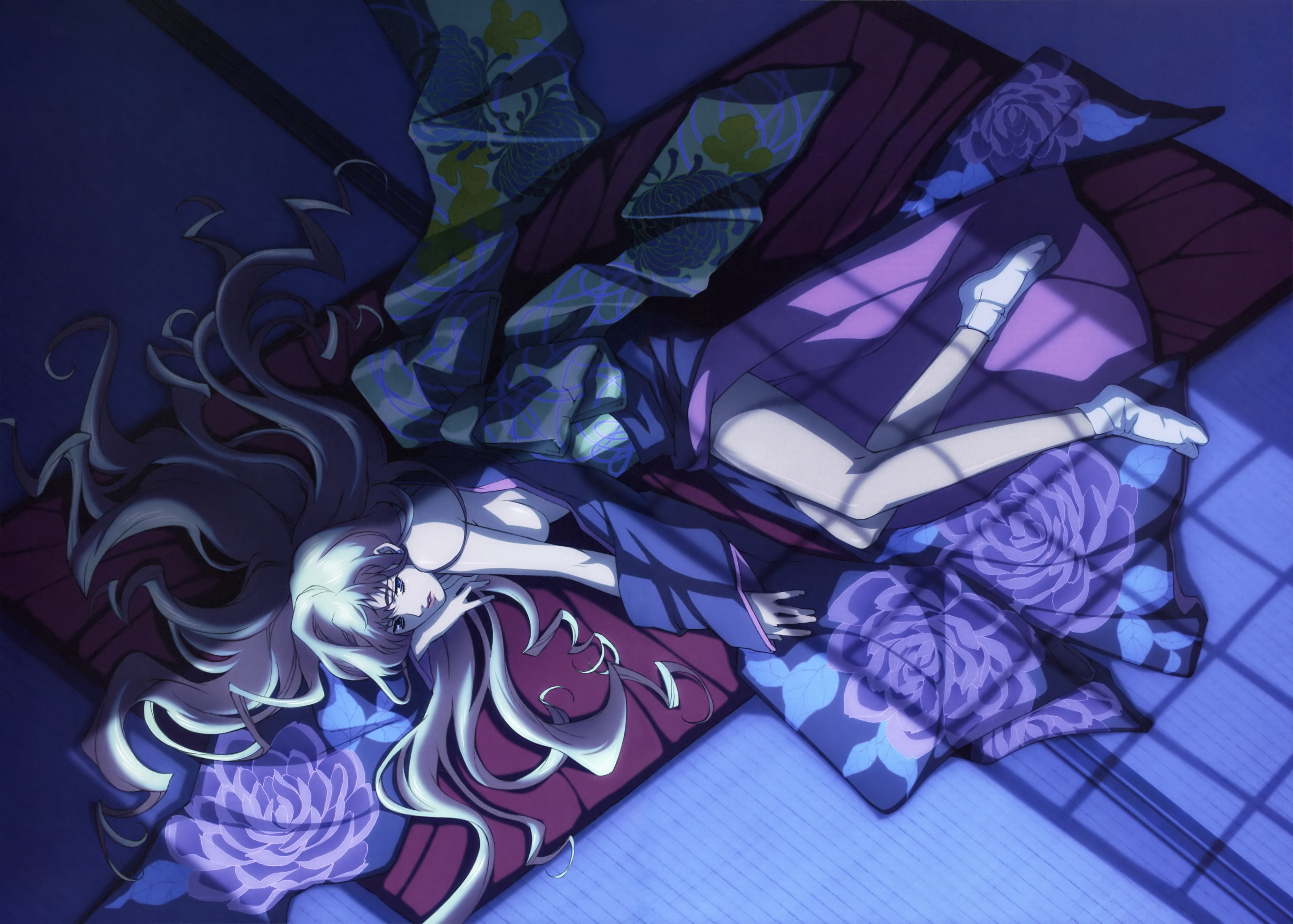 sheryl nome, macross, macross frontier, absurdres, artist request, highres, 00s, 1girl, breasts, female focus, japanese clothes, kimono, legs, long hair, long legs, lying, no bra, on side, open clothes, open kimono, open shirt, shirt, sideboob, socks, solo, tabi