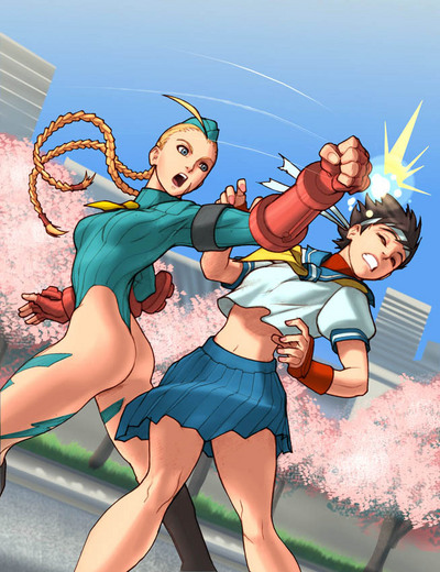 omar dogan, udon entertainment, cammy white, kasugano sakura, capcom, street fighter, black footwear, md5 mismatch, resized, 2girls, :o, ^^^, ahoge, aqua leotard, armband, armor, armpits, ass, attack, battle, black hair, blonde hair, blue eyes, blue skirt, blue sky, boots, braid, breasts, brown hair, building, cherry blossoms, clenched hand, clenched teeth, closed eyes, crop top, crop top overhang, day, dutch angle, face punch, facial scar, fighting, fingerless gloves, floating hair, from side, garrison cap, gauntlets, gloves, grass, hair tubes, hat, headband, highleg, highleg leotard, huge ahoge, in the face, knee boots, leaning back, legs apart, leotard, lightning bolt symbol, long hair, long sleeves, looking at another, looking back, medium breasts, midriff, military, military uniform, miniskirt, motion lines, multiple girls, muscular, nail polish, narrow waist, navel, neckerchief, necktie, one-piece thong, open mouth, outdoors, outstretched arm, pink nails, pleated skirt, profile, puffy short sleeves, puffy sleeves, punching, ribbed leotard, ribbon, road, scar, scar on cheek, scar on face, school uniform, serafuku, shirt, short hair, short necktie, short sleeves, shoulder pads, skin tight, skirt, sky, skyscraper, small breasts, standing, street, tattoo, teeth, thong, thong leotard, tomboy, tree, turtleneck, twin braids, white shirt, wince, wrist guards, yellow neckerchief