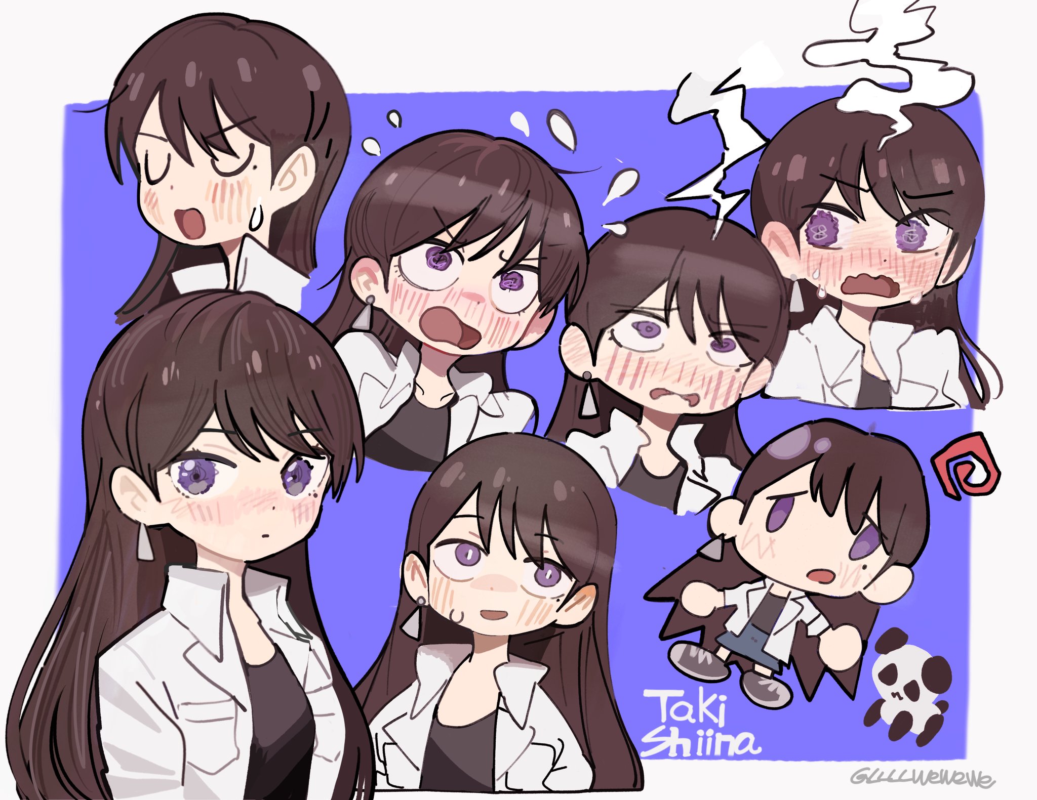 llllwewewe, shiina taki, bang dream!, bang dream! it's mygo!!!!!, commentary, highres, 1girl, @ @, black shirt, blush, border, chibi, closed eyes, earrings, jacket, jewelry, long hair, mole, mole under eye, multiple views, nervous sweating, outside border, panda, purple eyes, shirt, single earring, steam, sweat, u u, white border, white jacket