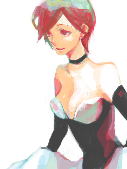 meiko (vocaloid), vocaloid, 1girl, breasts, brown hair, dress, female focus, gloves, medium breasts, oekaki, short hair, simple background, solo, tegaki, white background