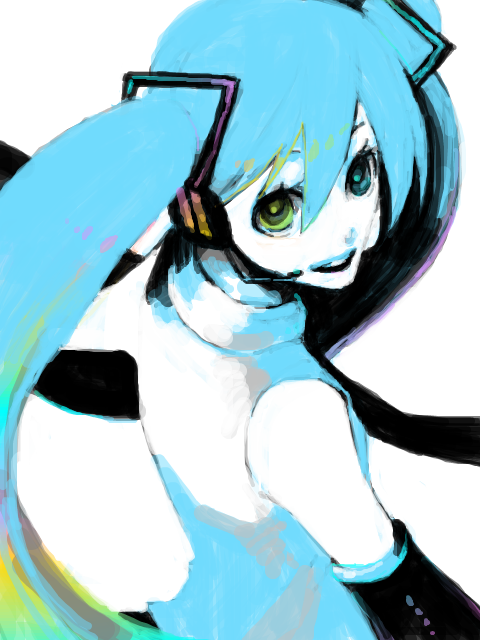 hatsune miku, vocaloid, 1girl, aqua hair, blue theme, creepy, female focus, happy, headphones, heterochromia, horror (theme), long hair, oekaki, solo, tegaki, twintails