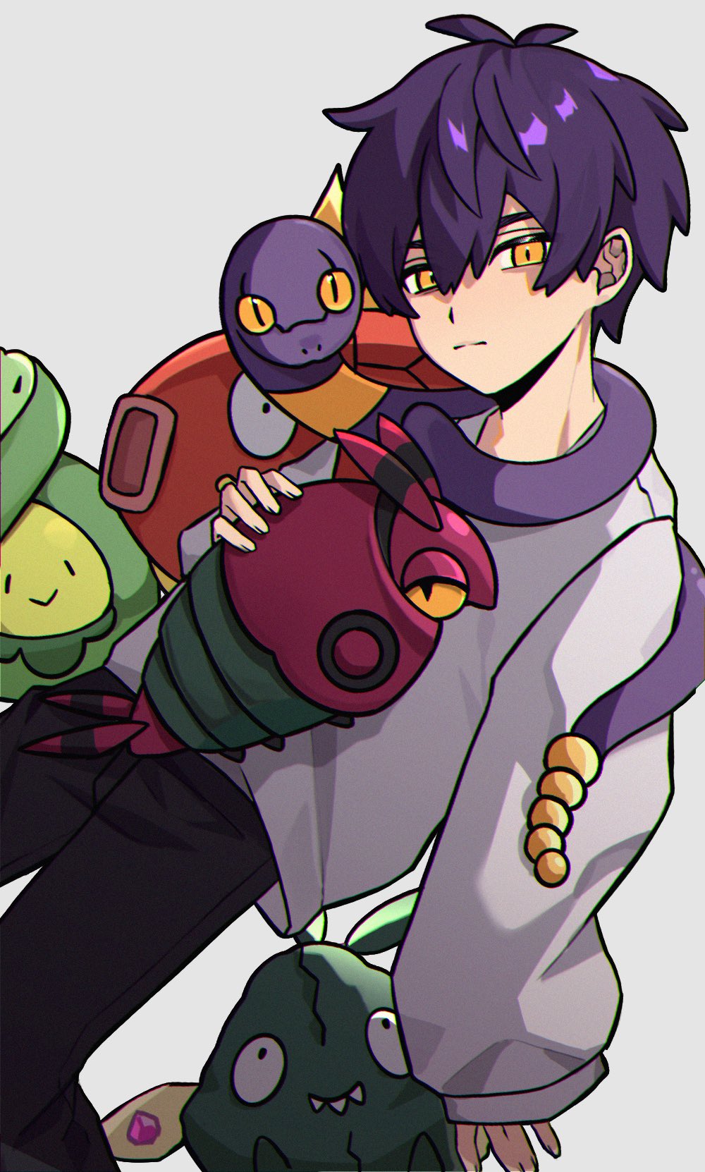 aran 328, budew, corbeau (pokemon), ekans, magikarp, trubbish, venipede, nintendo, pokemon, pokemon legends: z-a, commentary request, highres, 1boy, :>, aged down, black pants, closed mouth, crew neck, double-parted bangs, dutch angle, feet out of frame, gen 1 pokemon, gen 4 pokemon, gen 5 pokemon, grey background, hair between eyes, hair down, long sleeves, looking at another, looking to the side, looking up, male focus, no eyewear, pants, purple hair, shirt, short hair, sideways glance, sleeves past wrists, slit pupils, white shirt, yellow eyes
