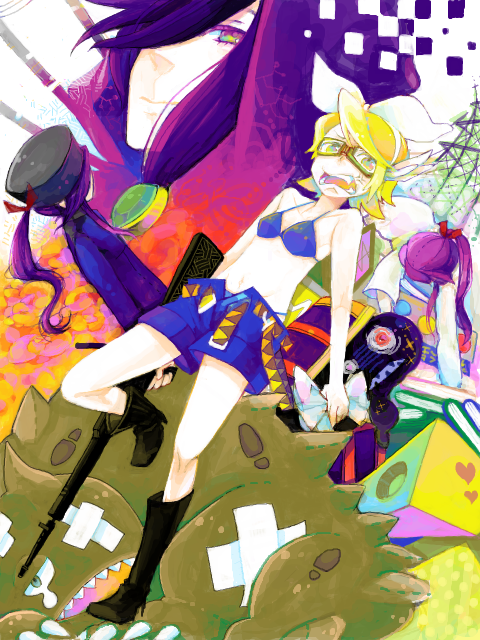 kagamine rin, kamui gakupo, noroi no megane (vocaloid), vocaloid, 1boy, 1girl, bikini, bikini top only, blonde hair, bow, colorful, glasses, gun, long hair, oekaki, purple hair, short hair, shorts, swimsuit, tegaki, weapon