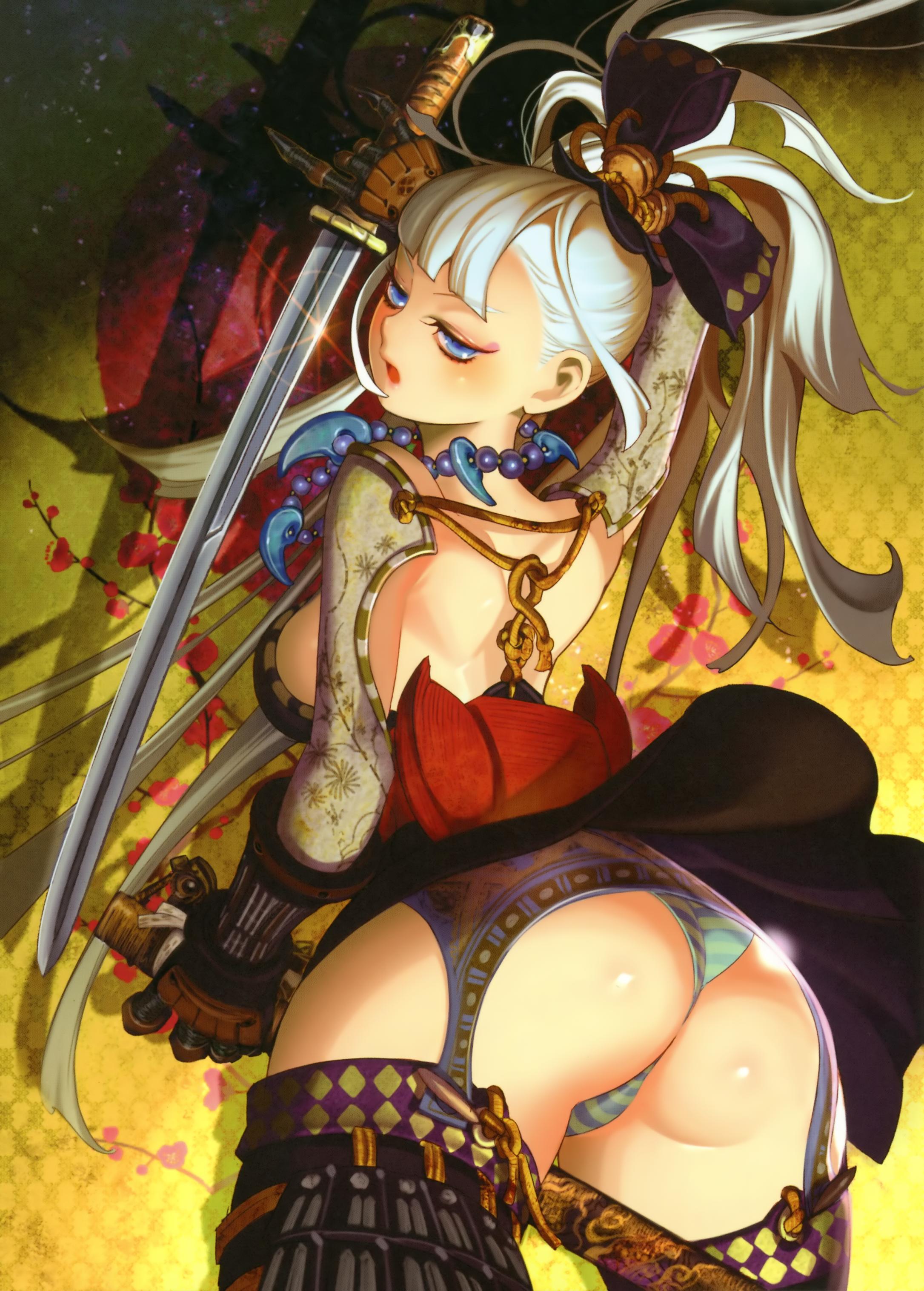 harunoichi, absurdres, highres, 1girl, armor, ass, back, bell, eyeshadow, female focus, garter belt, gauntlets, hair ornament, jewelry, katana, long hair, magatama, makeup, necklace, open mouth, solo, sword, thighhighs, weapon, white hair