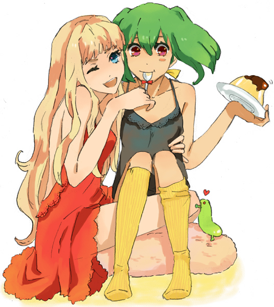 yoshi 92, ranka lee, sheryl nome, macross, macross frontier, striped legwear, 00s, 2girls, bare shoulders, blonde hair, blue eyes, chemise, feeding, food, green hair, lingerie, long hair, multiple girls, nightgown, one eye closed, pudding, purple eyes, short hair, sitting, sleeveless, smile, socks, spoon, striped clothes, striped socks, underwear, vertical-striped clothes, vertical-striped socks, wink