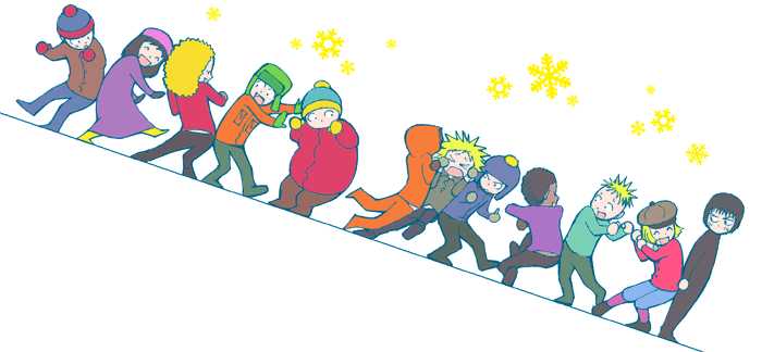 bebe stevens, butters stotch, craig tucker, damien, eric cartman, kenny mccormick, kyle broflovski, pip, stan marsh, token black, tweek tweak, wendy testaburger, south park, 3girls, 6+boys, beanie, black hair, blonde hair, brown hair, dancing, dress, earflap hat, everyone, falling, hat, hat pompom, hood, jacket, multiple boys, multiple girls, orange pants, pants, pip pirrup, purple shirt, red shirt, shirt, smile, snowflakes
