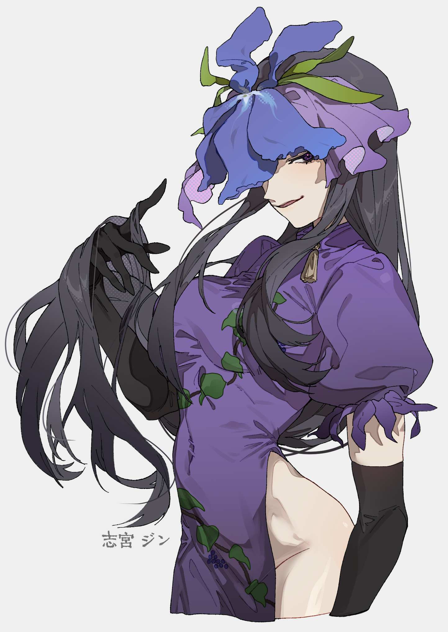 shimiya jin, yomotsu hisami, touhou, commentary, highres, 1girl, artist name, black gloves, black hair, dress, elbow gloves, flower, flower on head, gloves, long hair, looking at viewer, puffy short sleeves, puffy sleeves, purple dress, short sleeves, smile, solo, upper body, white background