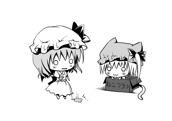 hanahanamaki, flandre scarlet, remilia scarlet, touhou, bad id, bad pixiv id, 2girls, animal ears, bat wings, box, cat ears, cat girl, cat tail, chibi, female focus, food, greyscale, hat, in box, in container, kemonomimi mode, monochrome, multiple girls, o o, ponytail, popsicle, short hair, siblings, side ponytail, sisters, tail, wings