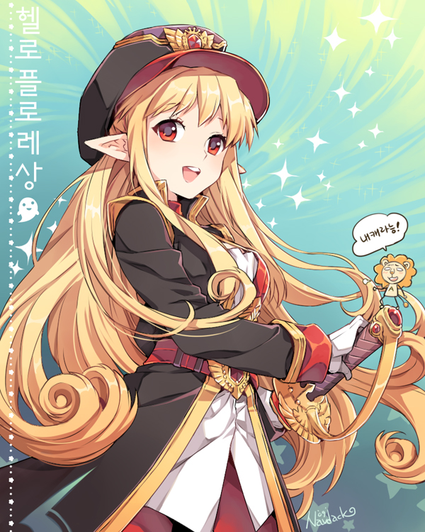 nardack, female mage (dungeon and fighter), dungeon and fighter, original, uniform, translated, 00s, 1girl, belt, blonde hair, female focus, gloves, hat, korean text, lion, long hair, pointy ears, red eyes, smile, solo, sword, weapon