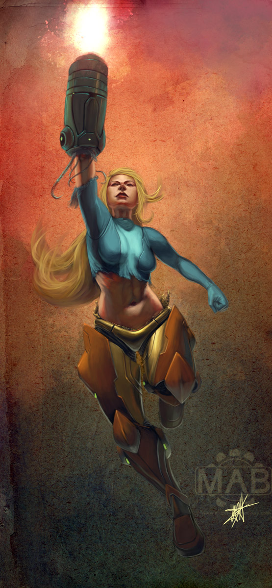 kuroitora, samus aran, metroid, nintendo, highres, arm cannon, armor, blonde hair, blue eyes, bodysuit, breasts, damaged, lips, long hair, midriff, solo, torn clothes, varia suit, weapon, zero suit