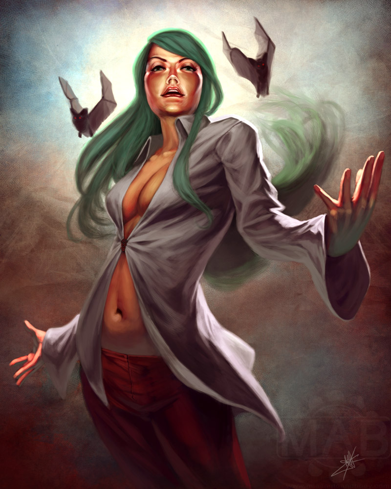 kuroitora, morrigan aensland, darkstalkers, bat (animal), breasts, casual, cleavage, green eyes, green hair, lips, midriff, pants, realistic, solo
