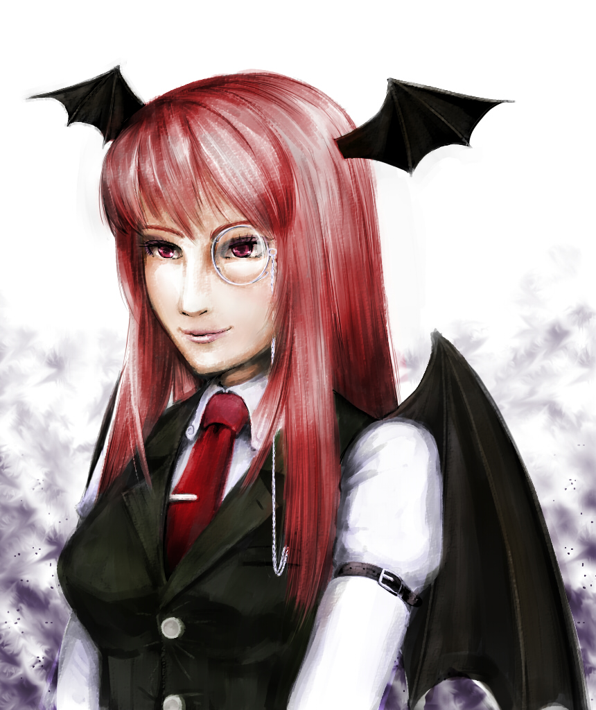 kirisaki (gin16k), kirisaki akihito, koakuma, embodiment of scarlet devil, touhou, bad id, bad pixiv id, 1girl, arm garter, bat wings, breasts, female focus, head wings, lips, long hair, monocle, monocle chain, realistic, red eyes, red hair, solo, wings