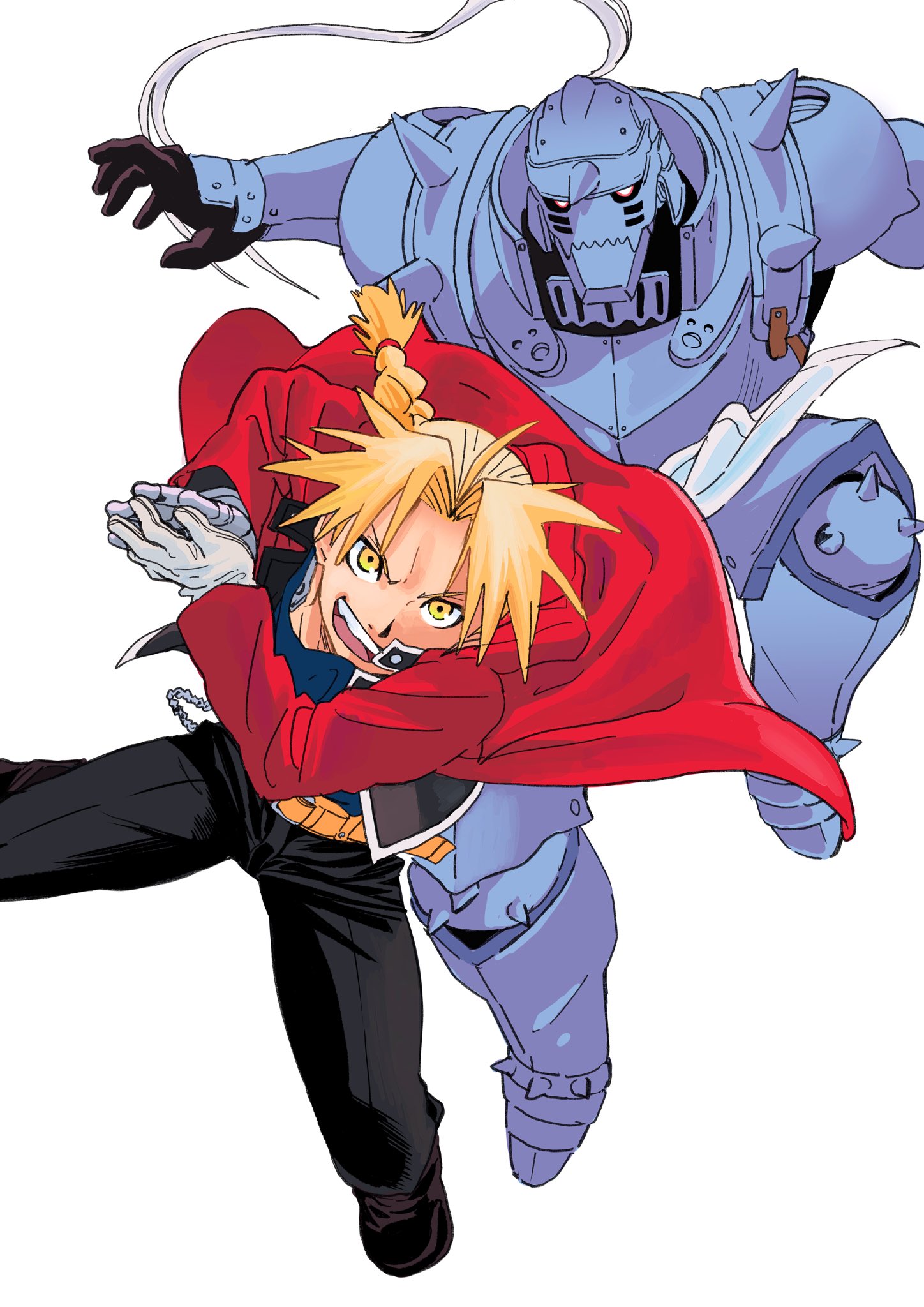 sukesukeburger, alphonse elric, edward elric, fullmetal alchemist, commentary request, highres, 2boys, ahoge, apron, armor, black gloves, black jacket, black pants, black shoes, blonde hair, blue tank top, braid, brothers, coat, fighting stance, full armor, furrowed brow, gloves, horns, jacket, long hair, male focus, multiple boys, open mouth, own hands together, pants, parted bangs, plume, red coat, shoes, shoulder spikes, siblings, single braid, single horn, smile, spikes, tank top, waist apron, white background, white eyes, white gloves, white trim, yellow eyes