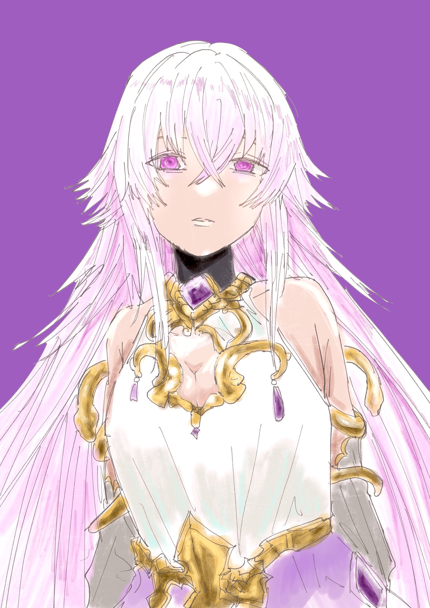 magic mirror (grimms notes), grimms notes, 1girl, black choker, breasts, choker, cleavage, long hair, looking at viewer, oisiiidoo, parted lips, purple background, purple eyes, purple hair, solo, spiked hair, very long hair