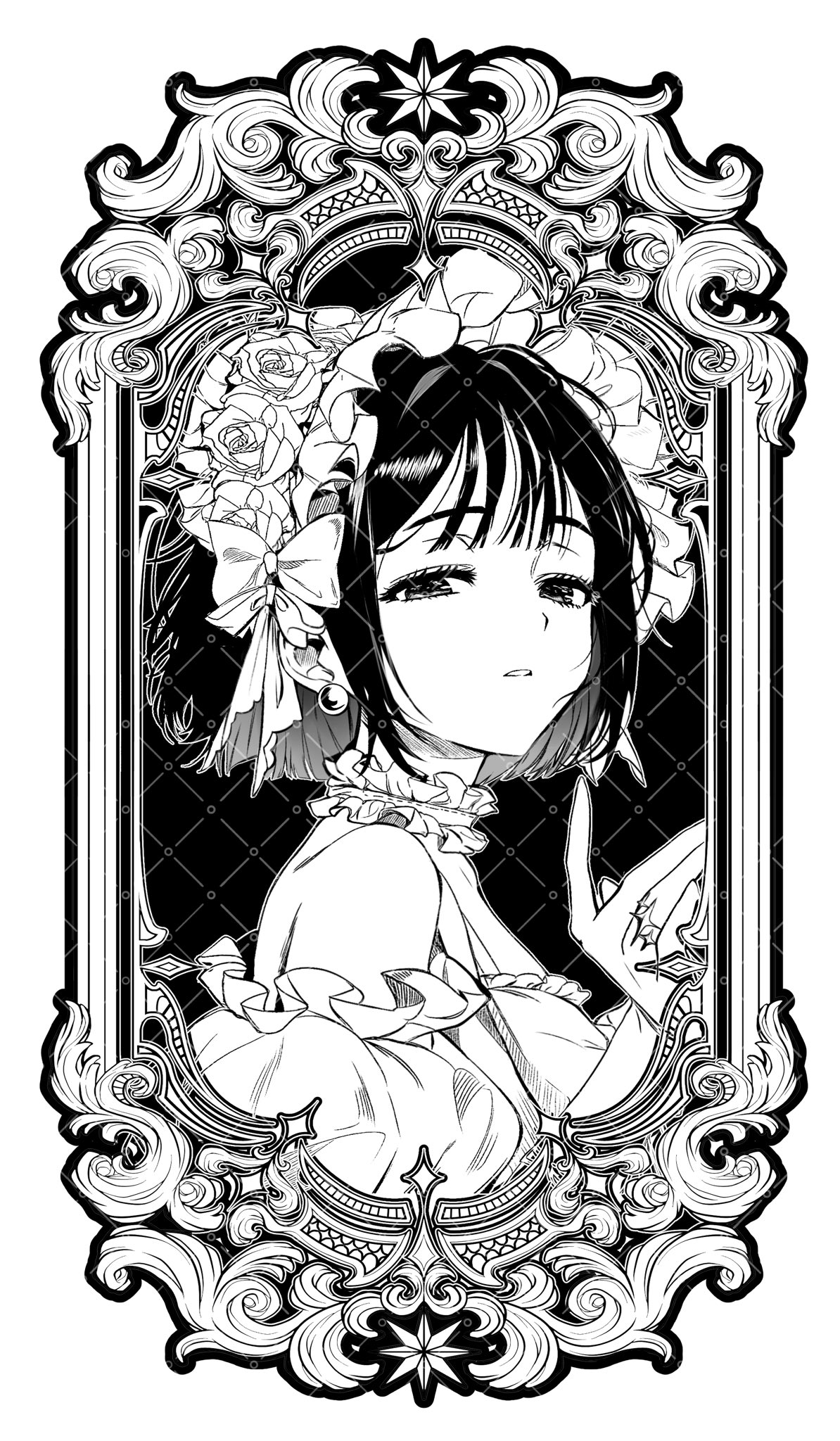 sua (alien stage), alien stage, commentary, highres, 1girl, bob cut, choker, dress, earrings, flower, frilled choker, frilled dress, frills, from side, hair flower, hair ornament, headdress, jewelry, lubya, parted lips, pearl earrings, short hair, solo