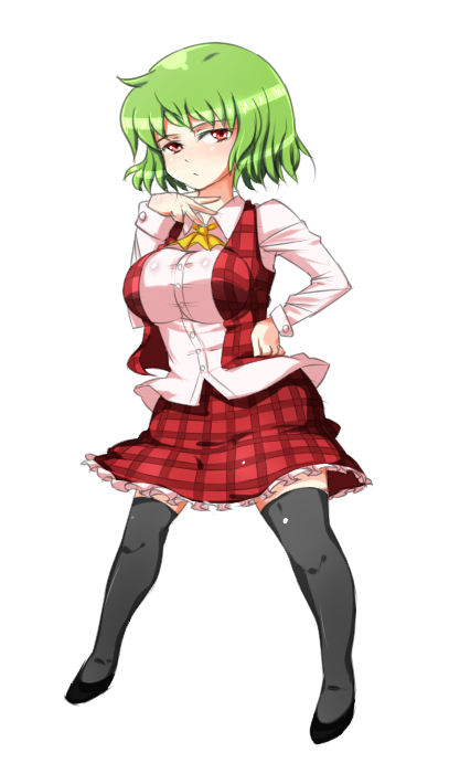 comcom, kazami yuuka, touhou, 1girl, ascot, bad anatomy, bad proportions, breasts, female focus, green hair, hand on own chest, large breasts, plaid clothes, plaid skirt, plaid vest, poorly drawn, red eyes, short hair, simple background, skirt, skirt set, solo, thighhighs, vest, white background