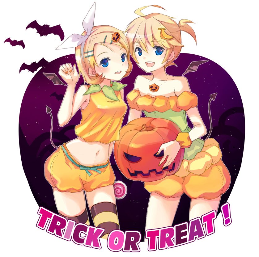 jin young-in, kagamine len, kagamine rin, vocaloid, bad id, bad pixiv id, 1boy, 1girl, ahoge, alternate costume, alternate hairstyle, bare shoulders, bat wings, blonde hair, bloomers, blue eyes, blush, brother and sister, candy, crossdressing, earrings, flipped hair, food, food-themed clothes, food-themed hair ornament, hair ornament, hair ribbon, halloween, jack-o'-lantern, jewelry, lollipop, midriff, nail polish, navel, necklace, off shoulder, open mouth, orange nails, patterned legwear, pumpkin, pumpkin-shaped pants, pumpkin hair ornament, ribbon, shorts, siblings, smile, striped clothes, striped thighhighs, swirl lollipop, tail, thighhighs, trap, trick or treat, twins, underwear, wings, zettai ryouiki