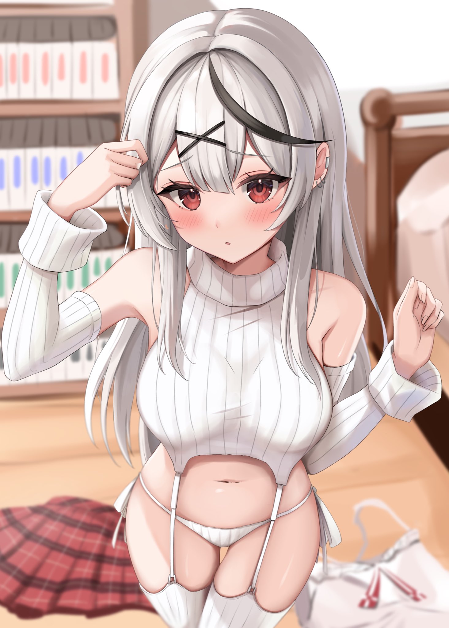 shinonome shino (artist), sakamata chloe, hololive, commentary request, highres, 1girl, arm up, bare shoulders, bed, black streaks, blush, bookshelf, breasts, camisole, center-flap bangs, clothes on floor, cowboy shot, detached sleeves, double-parted bangs, earclip, earrings, frilled camisole, frills, garter straps, grey hair, hair ornament, hairclip, hand up, hoop earrings, indoors, jewelry, large breasts, long hair, long sleeves, looking at viewer, midriff, miniskirt, multicolored hair, navel, panties, parted lips, plaid clothes, plaid skirt, pleated skirt, red eyes, red skirt, ribbed panties, ribbed sleeves, ribbed sweater, ribbed thighhighs, side-tie panties, sidelocks, skirt, solo, standing, streaked hair, sweater, thighhighs, tucking hair, turtleneck, turtleneck sweater, underwear, unworn clothes, virgin destroyer sweater, virtual youtuber, white camisole, white panties, white sleeves, white sweater, white thighhighs, wooden floor, x hair ornament