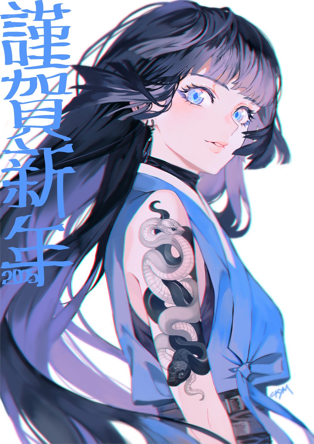 chkuyomi, original, commentary, highres, 1girl, 2025, arm tattoo, artist name, black hair, blue eyes, blue shirt, earrings, happy new year, jewelry, long hair, looking at viewer, new year, shirt, sleeveless, sleeveless shirt, snake tattoo, solo, tattoo