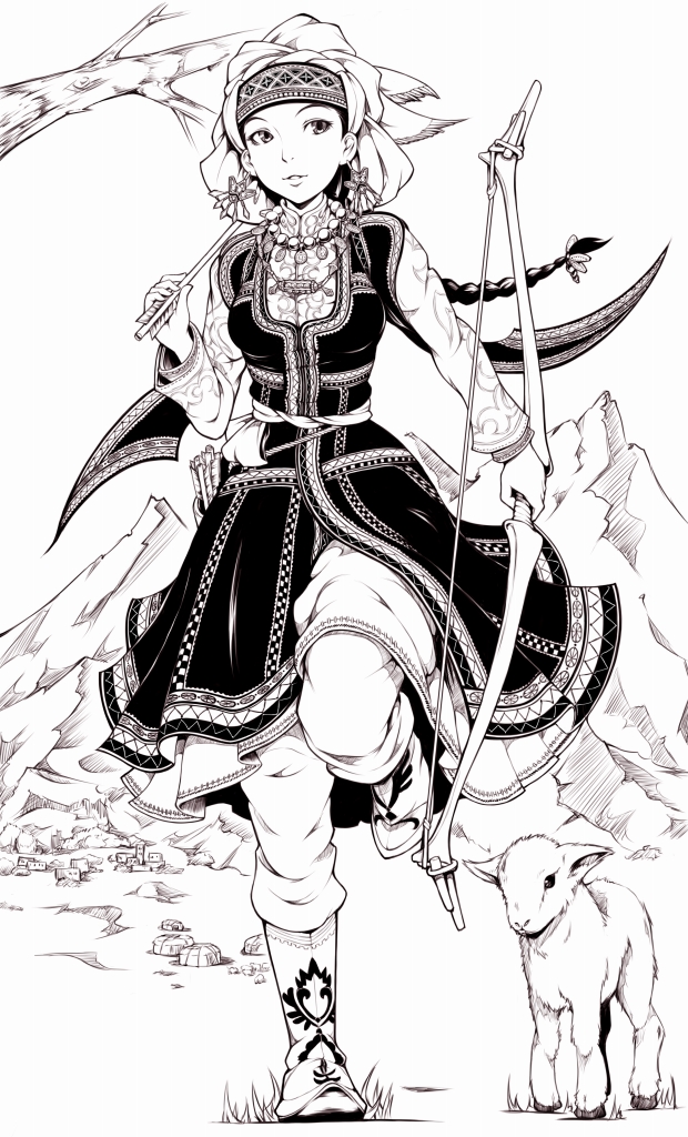 ina (gokihoihoi), amir halgal, otoyomegatari, traditional clothes, 1girl, arrow (projectile), baby animal, bow (weapon), braid, female focus, greyscale, headdress, lamb, long hair, monochrome, running, sheep, solo, weapon