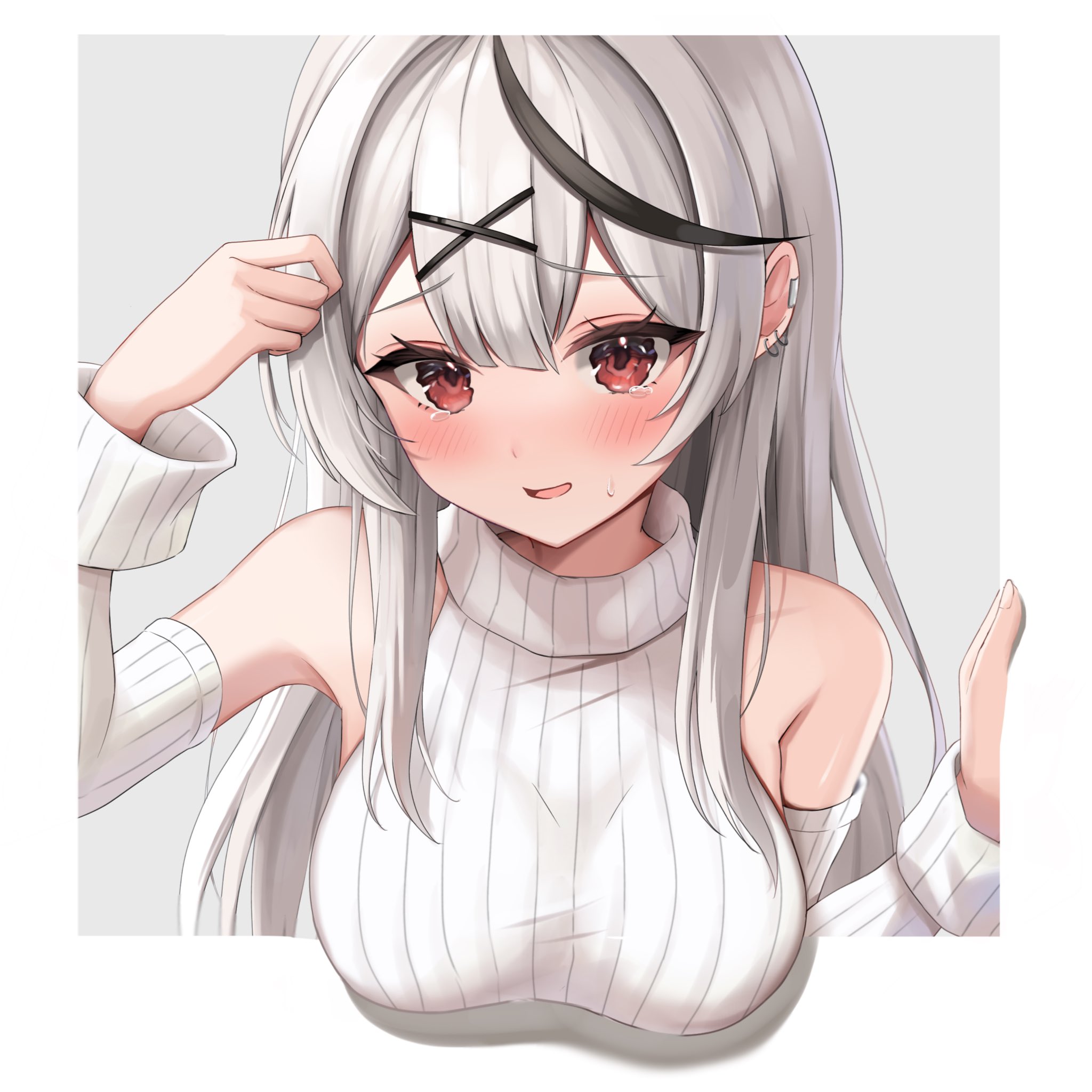 shinonome shino (artist), sakamata chloe, hololive, commentary, highres, 1girl, arm up, bare shoulders, black streaks, blush, border, breasts, center-flap bangs, cowboy shot, detached sleeves, double-parted bangs, earclip, earrings, grey hair, hair ornament, hairclip, hand up, hoop earrings, jewelry, large breasts, long hair, long sleeves, looking at viewer, midriff, multicolored hair, navel, open mouth, outside border, red eyes, ribbed sleeves, ribbed sweater, ribbed thighhighs, sidelocks, smile, solo, streaked hair, sweater, tearing up, thighhighs, tucking hair, turtleneck, turtleneck sweater, upper body, virgin destroyer sweater, virtual youtuber, white border, white sleeves, white sweater, x hair ornament