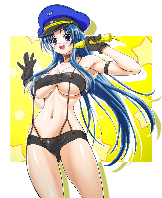gambler club, kohsaka jun, kawashima ami, sheryl nome, macross, macross frontier, toradora!, 1girl, blue hair, blush, breasts, cameltoe, collar, cosplay, covered erect nipples, female focus, hat, large breasts, long hair, microphone, navel, open mouth, peaked cap, sheryl nome (cosplay), short shorts, shorts, solo, suspenders, underboob