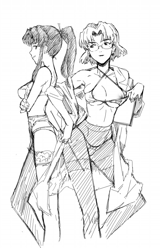 teri terio, akagi ritsuko, katsuragi misato, neon genesis evangelion, 2girls, bra, bra pull, breasts, clothes pull, garter belt, glasses, greyscale, lab coat, large breasts, lingerie, medium breasts, mole, mole under eye, monochrome, multiple girls, nipples, panties, panties under pantyhose, pantyhose, ponytail, short hair, sketch, thighband pantyhose, thighhighs, underwear, undressing