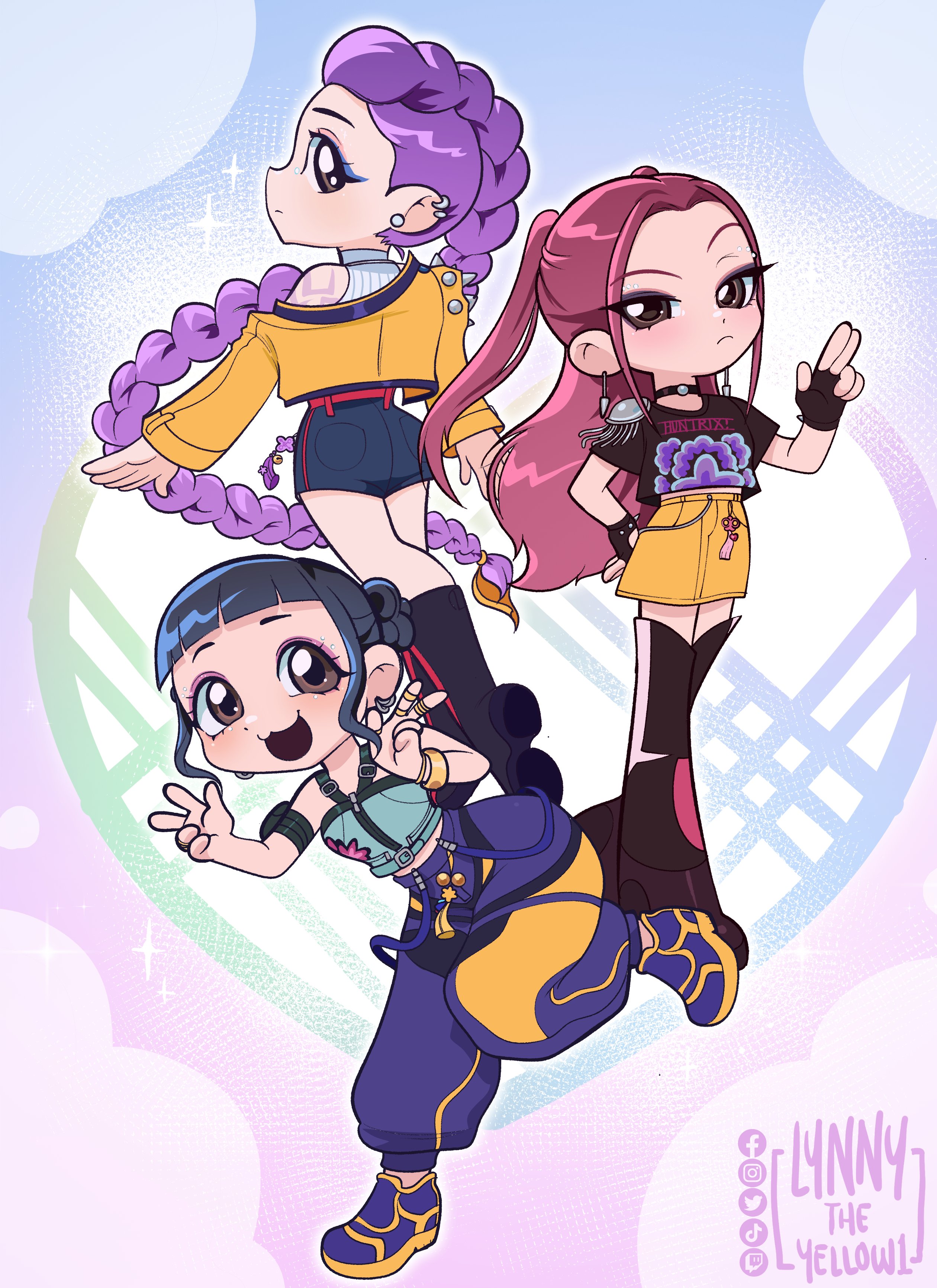 mira (kpop demon hunters), rumi (kpop demon hunters), zoey (kpop demon hunters), kpop demon hunters, absurdres, highres, black choker, black hair, black shirt, blush, boots, bracelet, braid, choker, ear piercing, earrings, fingerless gloves, fringe trim, from behind, gloves, jacket, jewelry, knee boots, long braid, long hair, looking back, lynnytheyellow1, makeup, piercing, pink hair, purple hair, ring, shirt, short shorts, shorts, sidelocks, single braid, sleeveless, smile, strapless, t-shirt, thigh boots, turtleneck, twintails, very long hair, yellow jacket