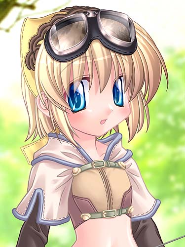 ishihara masumi, hunter (ragnarok online), ragnarok online, lowres, 1girl, blonde hair, blue eyes, blush, female focus, goggles, goggles on head, hair ribbon, hunter, looking at viewer, midriff, nature, open mouth, outdoors, ponytail, ribbon, short hair, smile, solo, tree, upper body