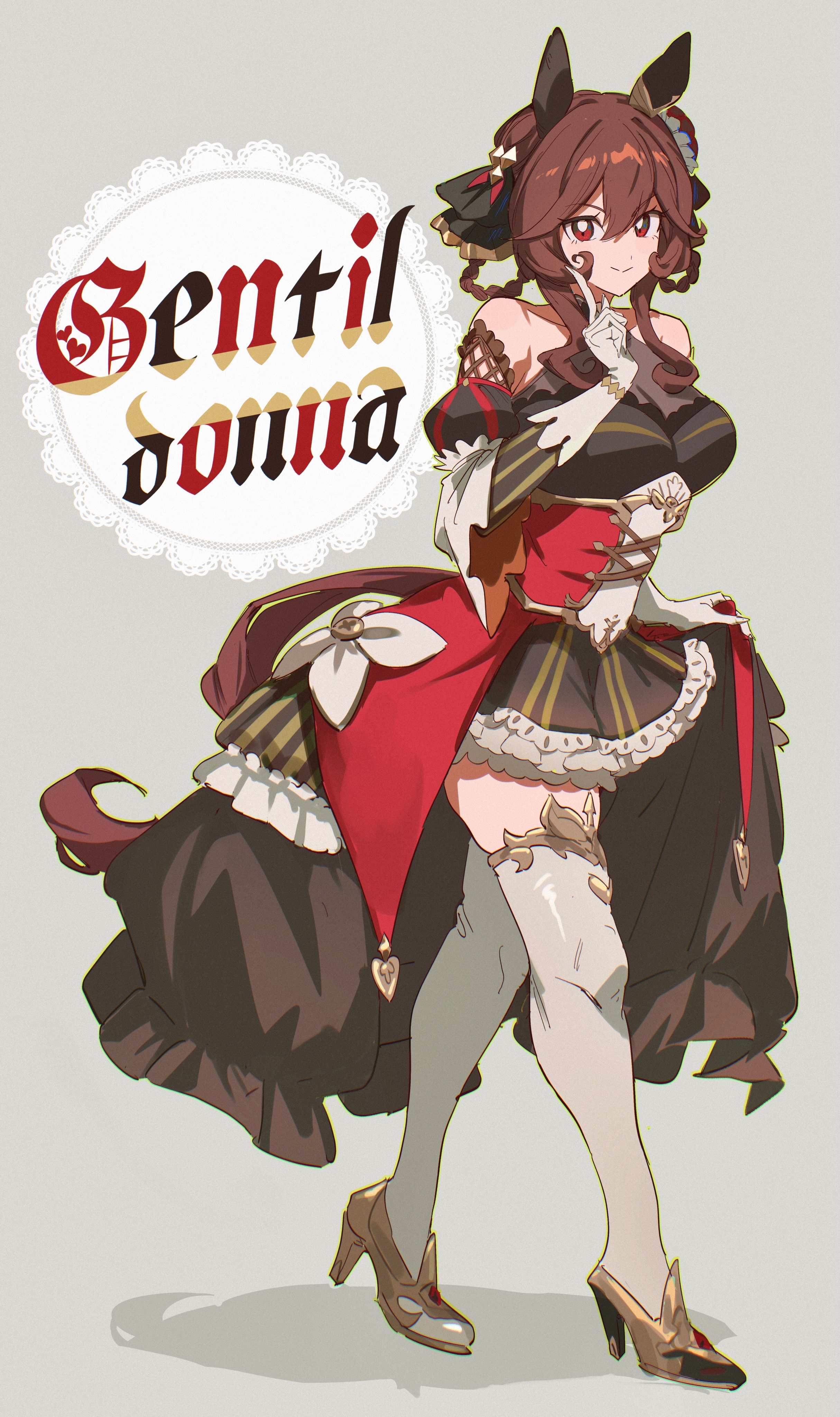 bojue (hakus 1128), gentildonna (regina dei fiori) (umamusume), gentildonna (umamusume), umamusume, absurdres, highres, 1girl, animal ears, asymmetrical footwear, bare shoulders, black dress, blush, braid, braided hair rings, breasts, brown hair, cleavage, closed mouth, corset, detached sleeves, dress, ear covers, ear ornament, gloves, gold embroidery, hair between eyes, hair ornament, hair rings, heart-shaped ornament, heart ear ornament, high heels, horse ears, horse girl, horse tail, large breasts, long hair, looking at viewer, mismatched footwear, red corset, red eyes, see-through cleavage, see-through clothes, smile, solo, tail, thighhighs, white gloves, white thighhighs