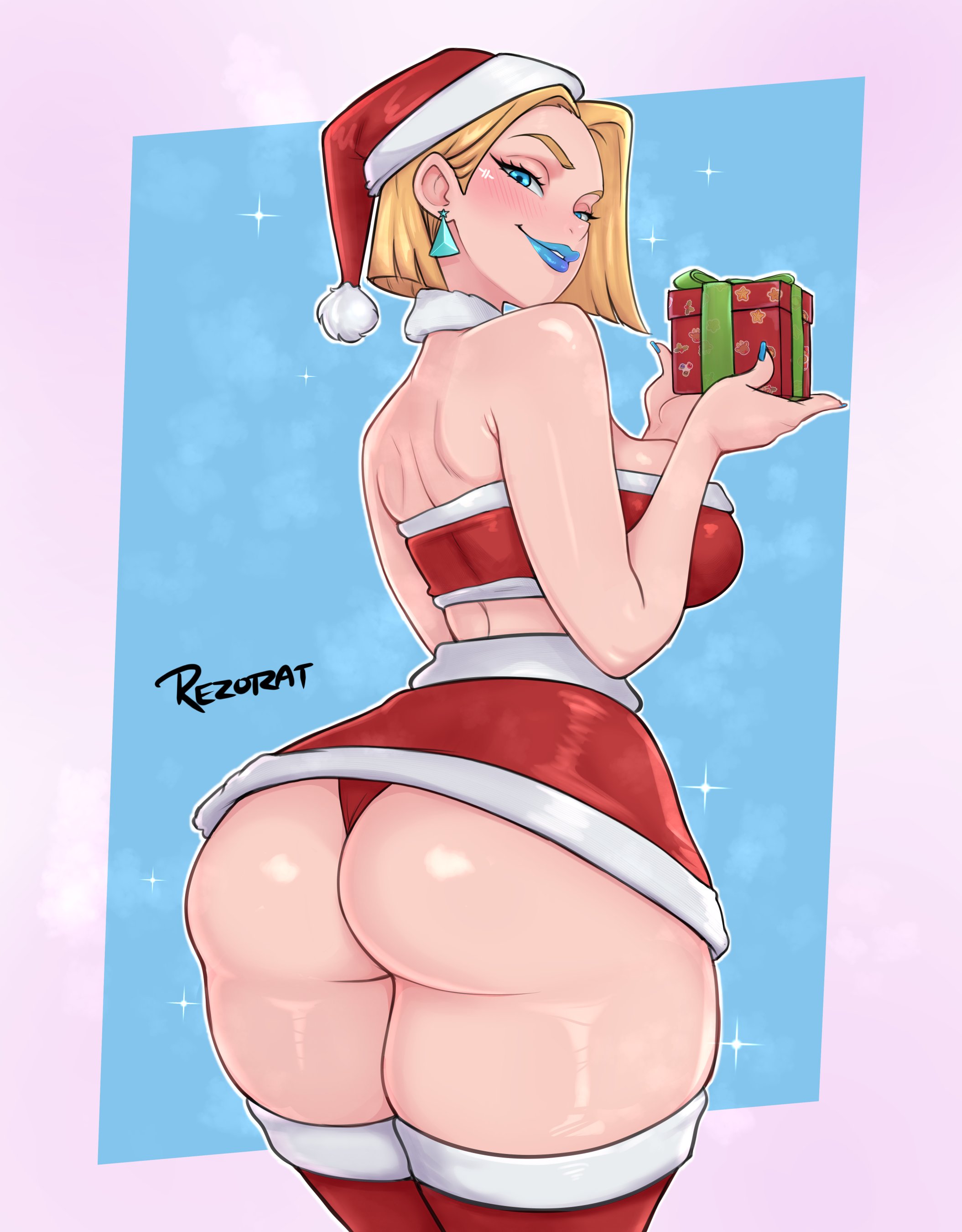 re zoart, emma frost, marvel, marvel rivals, absurdres, highres, 1girl, alternate costume, ass, blonde hair, blue eyes, blue lips, blue nails, christmas, earrings, fur-trimmed headwear, fur-trimmed skirt, fur-trimmed thighhighs, fur-trimmed tube top, fur trim, gift, hat, holding, holding gift, jewelry, looking at viewer, looking back, panties, red hat, red panties, red skirt, red thighhighs, red tube top, santa hat, short hair, signature, skirt, solo, strapless, thighhighs, tube top, underwear