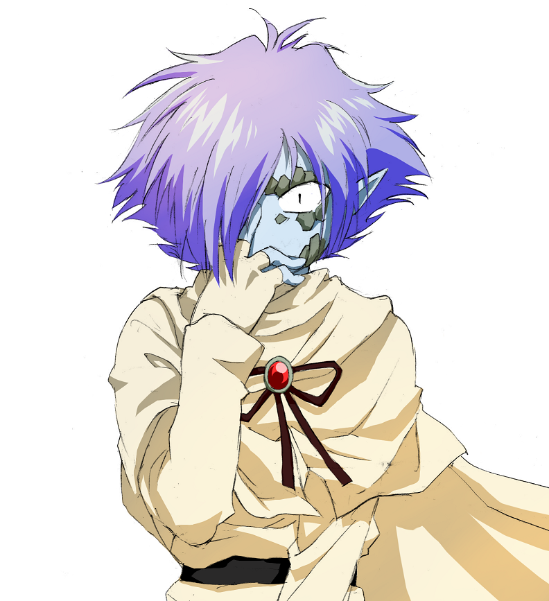 zelgadiss graywords, slayers, 1boy, blue hair, blue skin, colored skin, gloves, golem, hair over one eye, male focus, ribbon, short hair, solo, stone skin