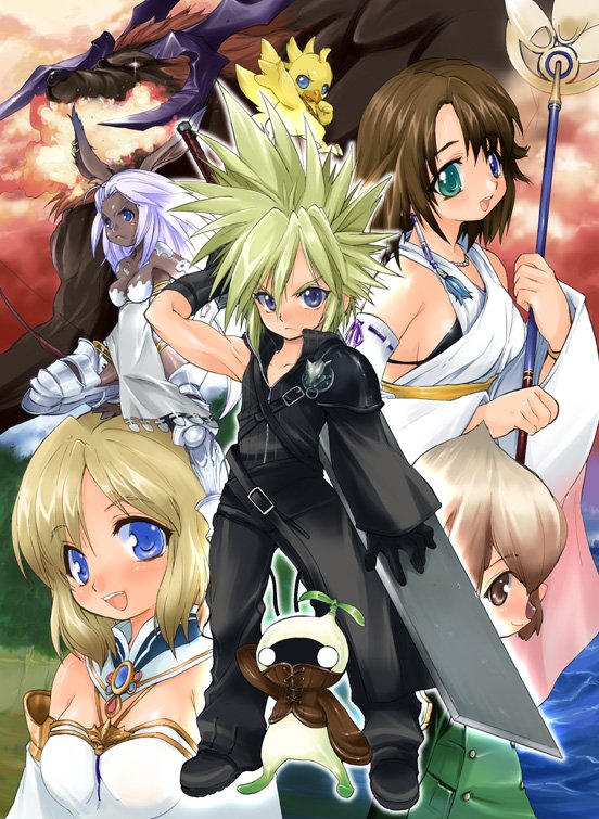 takaoka karen, ashelia b'nargin dalmasca, chocobo, cloud strife, ifrit (final fantasy), mandragora (final fantasy), yuna, yuna (ff10), final fantasy, final fantasy fables, final fantasy vii, final fantasy vii: advent children, final fantasy x, final fantasy xi, final fantasy xii, fur, silver hair, 00s, 1990s (style), 1boy, 3girls, androgynous, blonde hair, blue eyes, breasts, brown hair, buster sword, cleavage, dark skin, fire, gradient hair, green eyes, heterochromia, horns, multicolored hair, multiple girls, red eyes, red hair, sword, tarutaru, viera, weapon