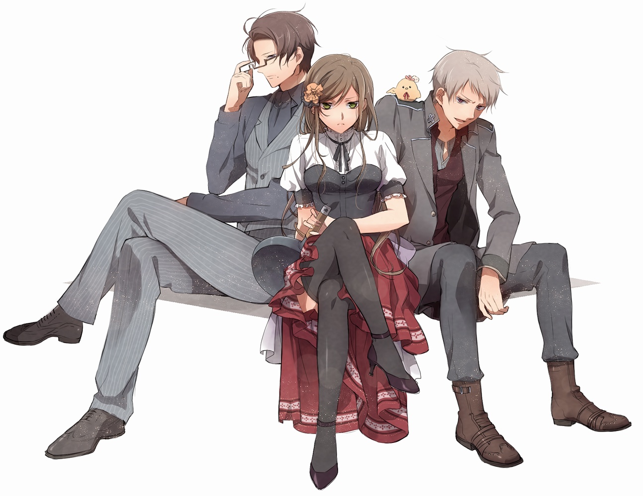 murakami yuichi, austria (hetalia), hungary (hetalia), prussia (hetalia), axis powers hetalia, striped, 00s, 1girl, 2boys, adjusting eyewear, ascot, bird, black thighhighs, boots, brown eyes, brown hair, crossed legs, formal clothes, frying pan, glasses, green eyes, grey hair, hair ornament, high heels, jacket, legs, long hair, mole, multiple boys, necktie, red eyes, shoes, short hair, sitting, smirk, thighhighs, vest