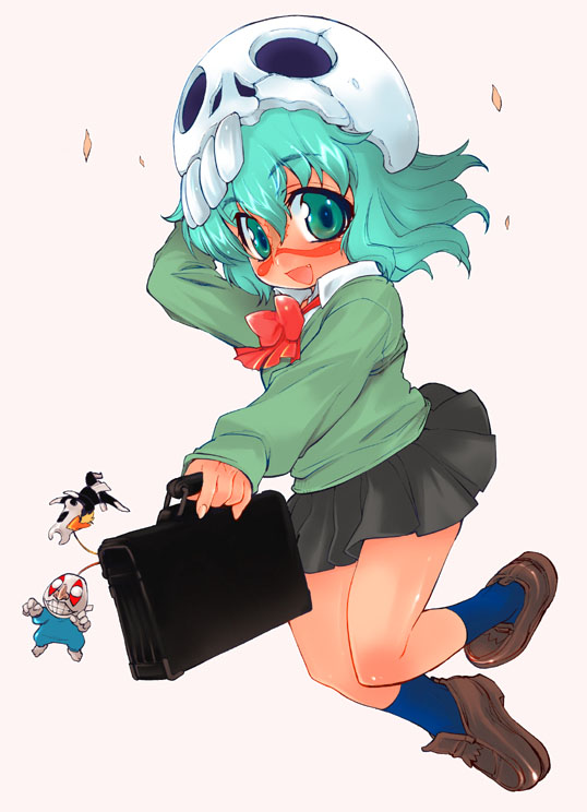 takaoka karen, dondochakka birstanne, nelliel tu odelschwanck, pesche guatiche, bleach, 00s, 1girl, arrancar, bow, fang, female focus, full body, green eyes, green hair, matching hair/eyes, number tattoo, open mouth, school uniform, simple background, skirt, skull, solo, tattoo