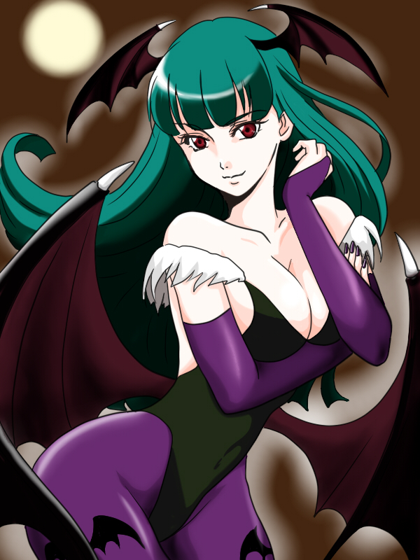 koshi (meermisa), morrigan aensland, capcom, darkstalkers, bad id, bad pixiv id, 1girl, animal print, aqua hair, bat print, bat wings, breasts, bridal gauntlets, cleavage, demon girl, female focus, gloves, head wings, large breasts, leotard, long hair, pantyhose, patterned legwear, print pantyhose, smile, solo, wings