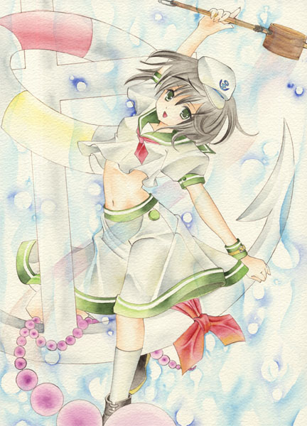 chinako, murasa minamitsu, touhou, traditional media, 1girl, anchor, black hair, female focus, green eyes, hat, hishaku, ladle, midriff, sailor, sailor collar, sailor hat, short hair, skirt, socks, solo