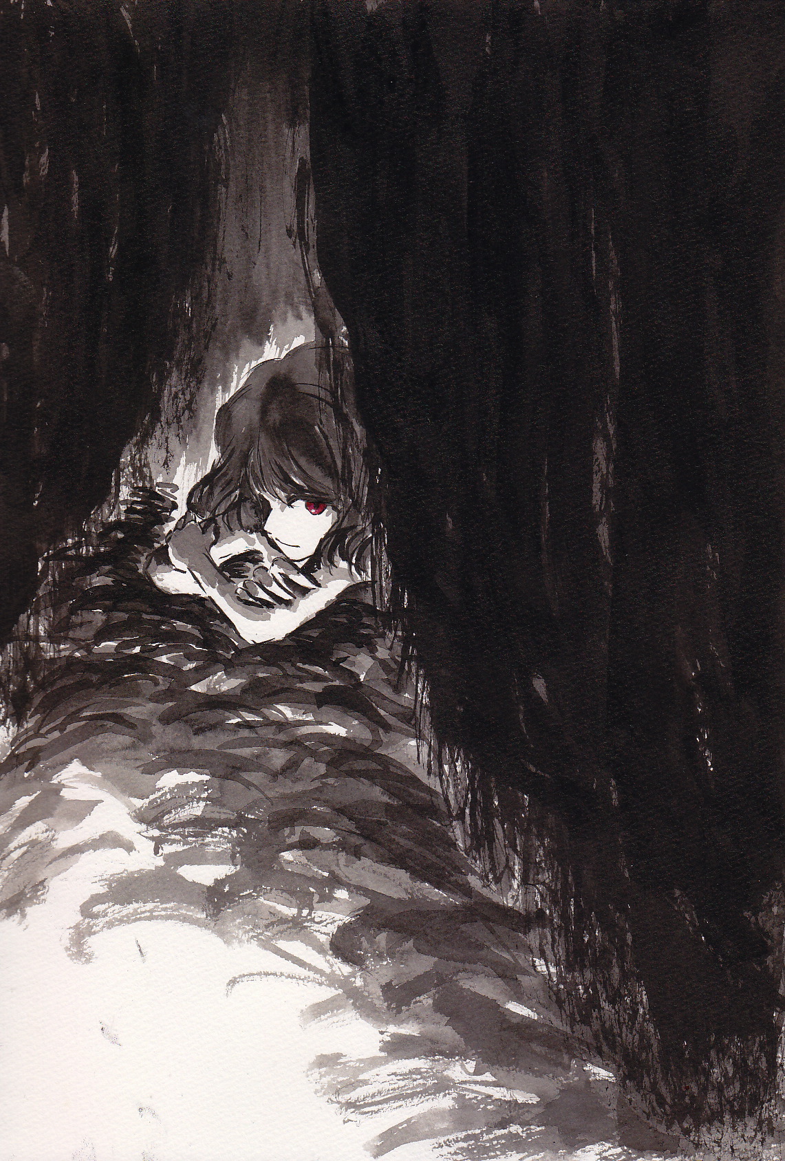 let (starlet 5mt), remilia scarlet, touhou, brush (medium), highres, painting (medium), traditional media, watercolor (medium), 1girl, crossed arms, female focus, monochrome, red eyes, solo, spot color