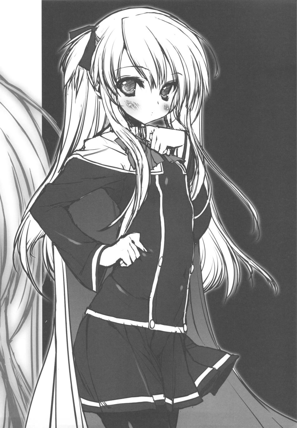 urotan, shalon, quiz magic academy, uniform, highres, 1girl, blush, cape, female focus, greyscale, long hair, monochrome, pantyhose, ribbon, skirt, solo