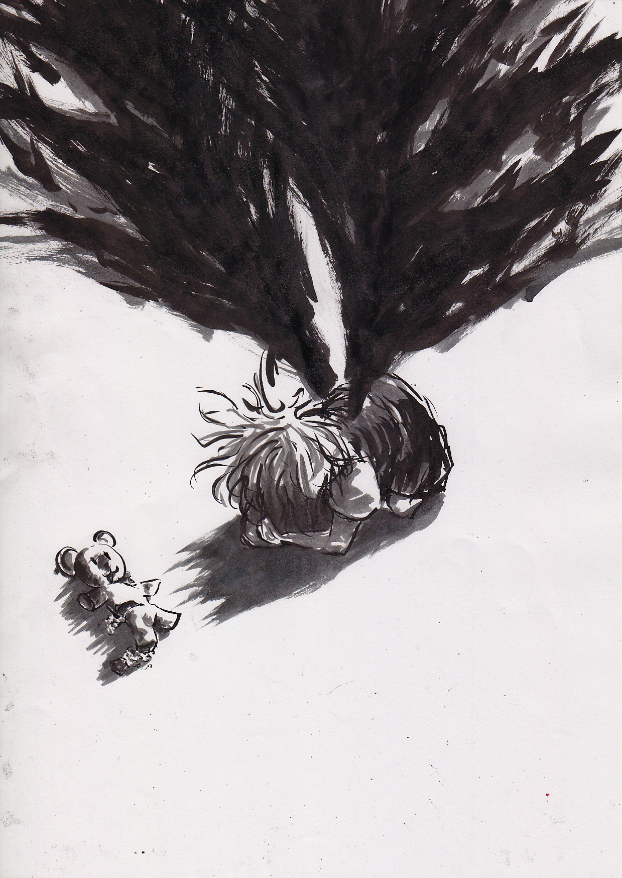 let (starlet 5mt), flandre scarlet, touhou, brush (medium), highres, traditional media, 1girl, brown theme, female focus, fetal position, monochrome, shadow, solo, stuffed animal, stuffed toy, teddy bear, wings