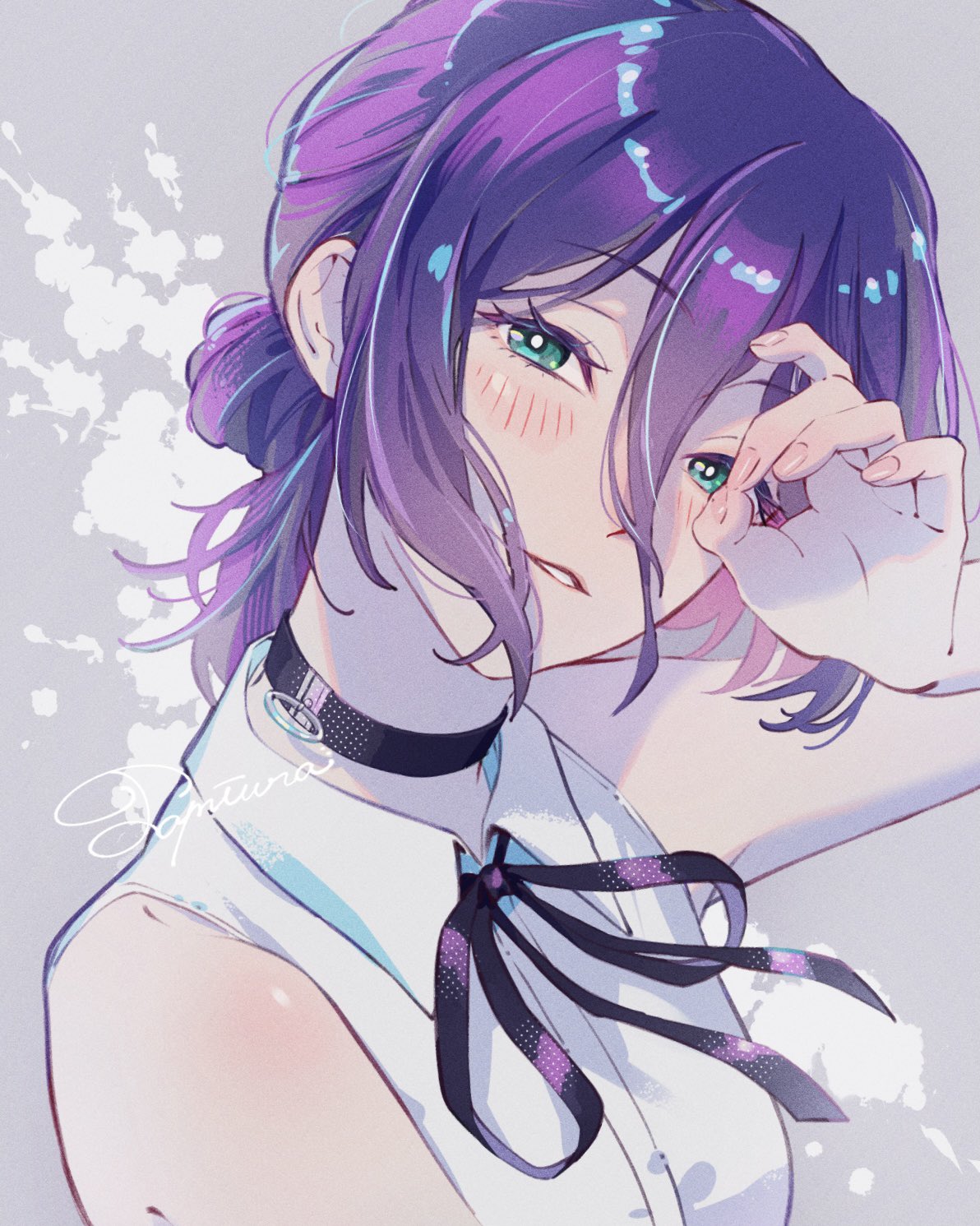 tamiura 0422, reze (chainsaw man), chainsaw man, highres, 1girl, bare shoulders, black choker, black ribbon, blush, breasts, choker, collared shirt, green eyes, grenade pin, grey background, hair between eyes, hair bun, looking at viewer, medium breasts, medium hair, neck ribbon, parted lips, purple hair, ribbon, shirt, solo, updo, upper body, white shirt