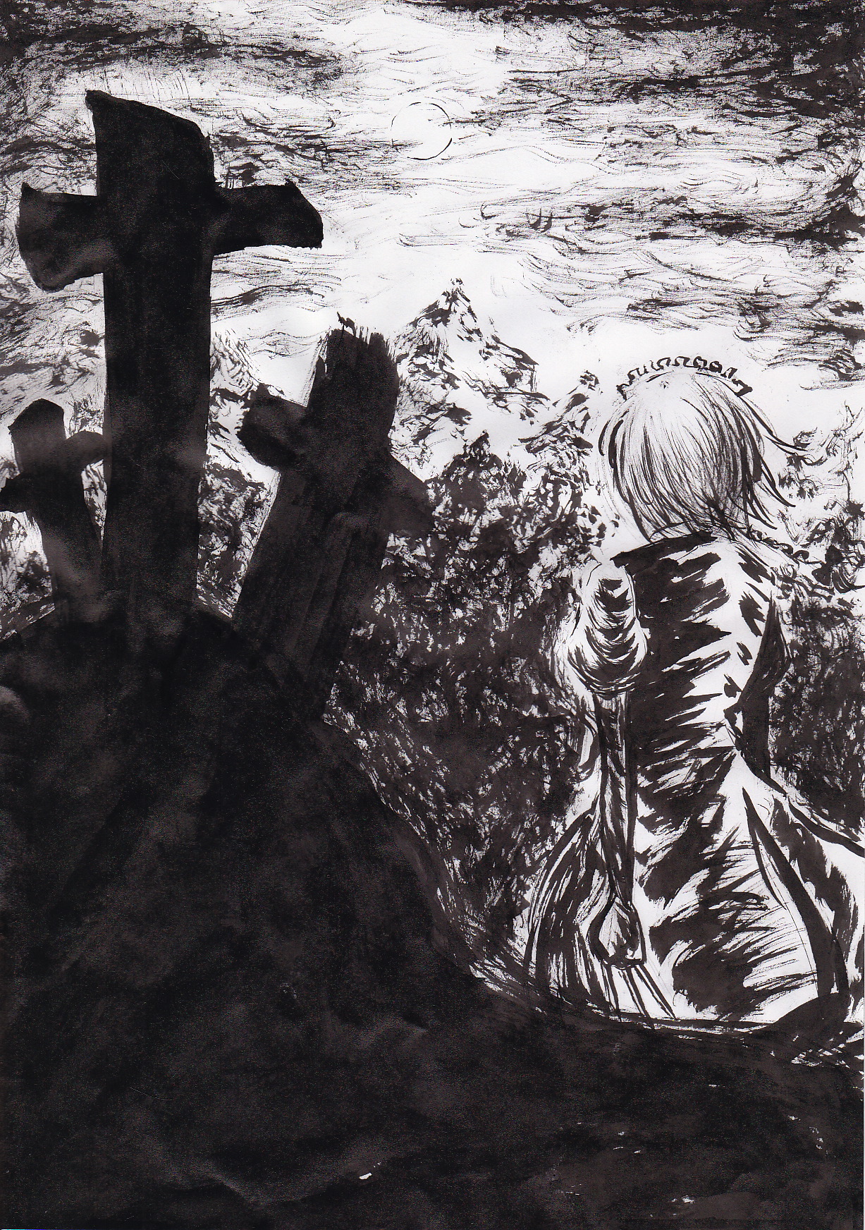 let (starlet 5mt), izayoi sakuya, touhou, bad id, bad pixiv id, brush (medium), highres, traditional media, 1girl, back, cross, female focus, grave, greyscale, knife, monochrome, moon, outdoors, sky, solo, throwing knife, weapon